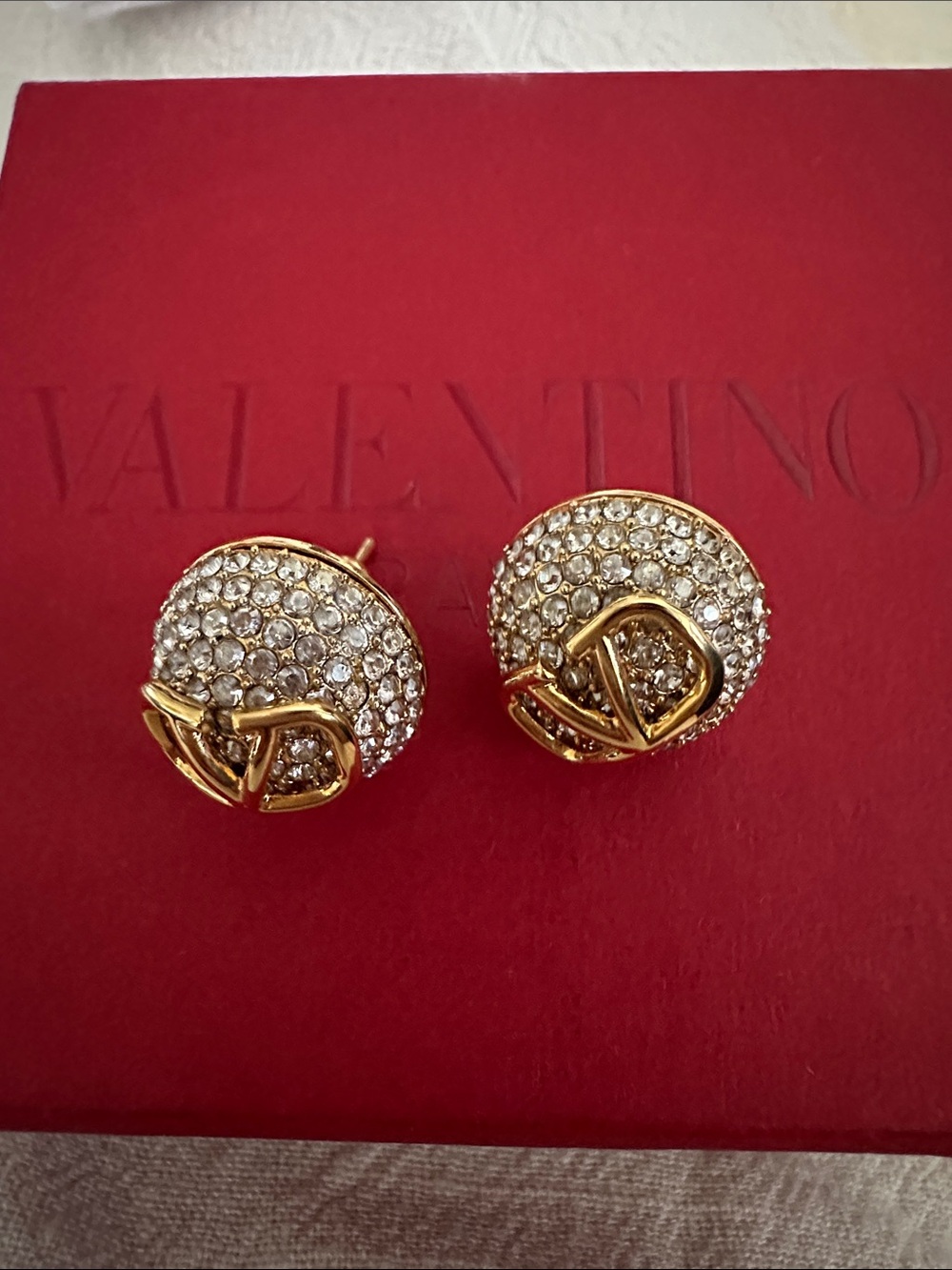 Valentino Gold-tone Crystal Logo Dome Stud Earrings - Gold/Clear